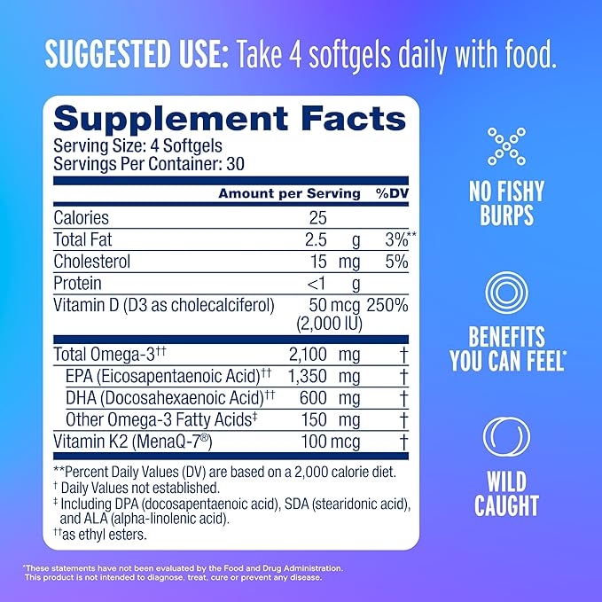 Oceanblue Professional Omega-3 2100 with Vitamin K2 and Vitamin D3 - Triple Strength Burpless Fish Oil Omega-3 Supplement with EPA &amp DHA - Wild Caught - Orange Flavor (120 Mini Count (Pack of 1))