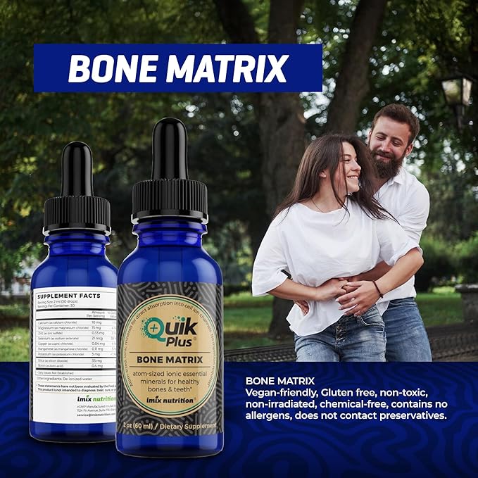 QuikPlus Bone Matrix with Calcium Magnesium Zinc and Potassium - Includes 9 Ionic Liquid Minerals Collagenizer for Bone and Teeth Support Vegan Gluten-Free All Natural (2 Oz)