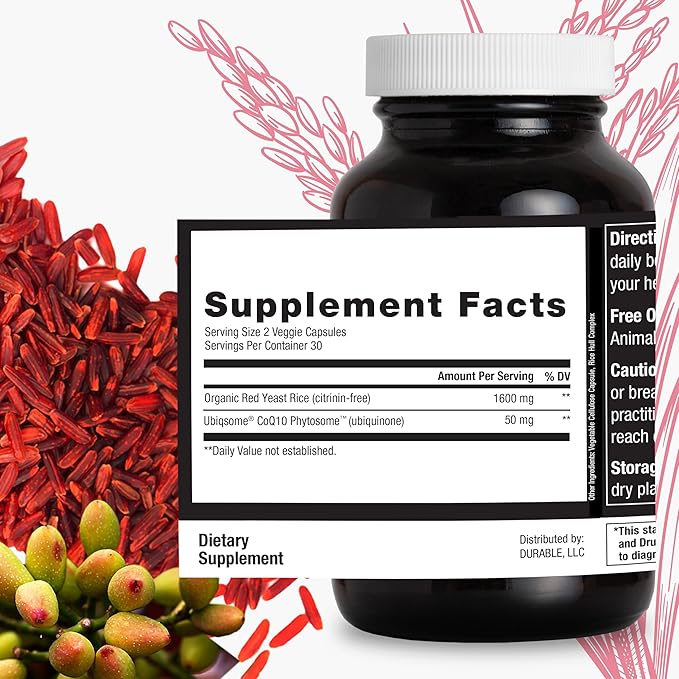 Durable RED Yeast Rice – Organic 1600 mg Extra Strength + CoQ10 Phytosome – Supports Healthy Cholesterol Heart Lipids &amp Circulation – Doctor Formulated Non-GMO Vegan Made in USA (60 Capsules