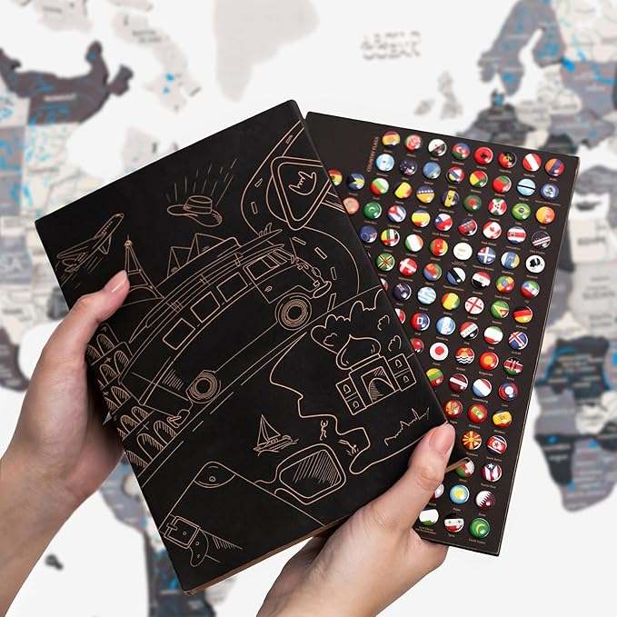 Handmade 3D Wood World Map Wall Art Large Wall Decor Track Your World Travels - Special for Home Kitchen and Office (Pins Flags Push Pins)