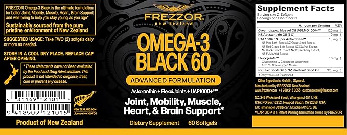 FREZZOR Omega 3 Black for Joint Care &amp Comfort - New Zealand Green Lipped Mussel Oil Capsules 53x Higher Potency with UAF1000+ Super Antioxidant No Fishy Aftertaste 1-Pack 60 Softgels