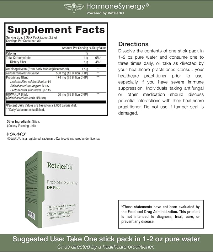 Probiotic Synergy DF Plus - 30 Billion CFU Plus Saccharomyces boulardii and Arabinogalactan - 30 Stick Packs - Comprehensive Support for Gut Ecology* - Professional Formula