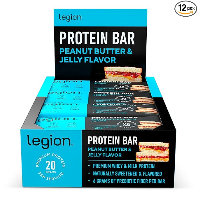 Legion Protein Bar Peanut Butter Jelly - 100% Whey Protein Soy Free Protein Bars with Prebiotic Fiber - Low Fat Healthy Protein Bar - Gluten Free Naturally Flavored Low Sugar Protein Bars (12 Count