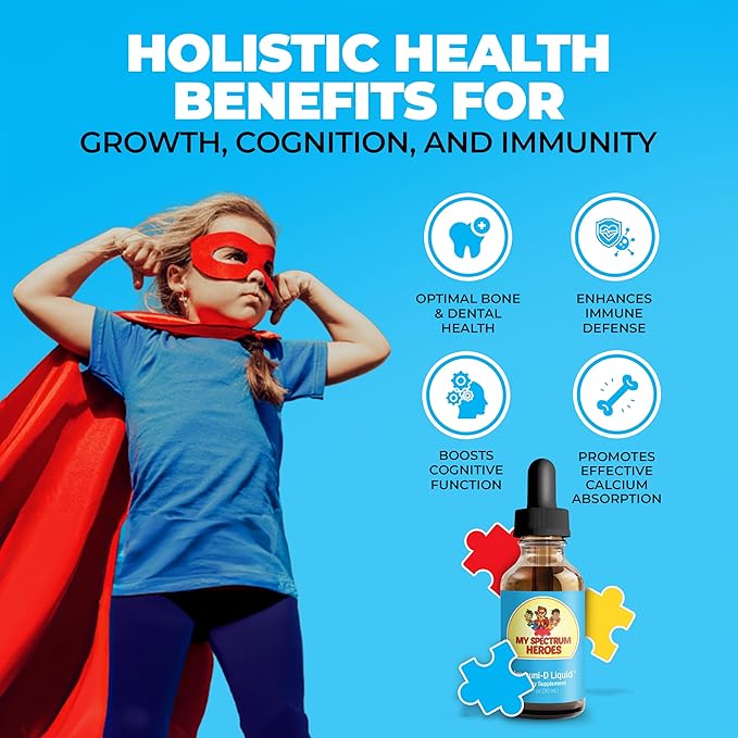 My Spectrum Heroes - Immuni-D Liquid Vitamin D3 Supplement 1000 IU Per Serving Gluten-Free Tasteless Vitamin Liquid Aids in Mineral Absorption for Kids &amp Adult - 1 FI oz (30 mL)