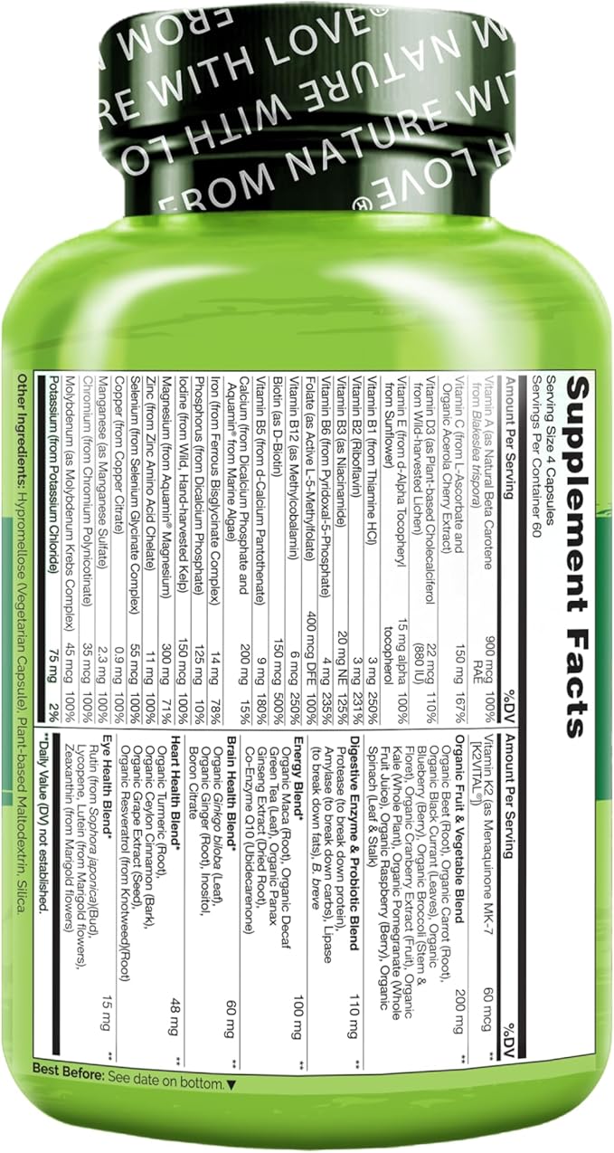 NATURELO Whole Food Multivitamin for Women - with Vitamins Minerals &amp Organic Extracts - Supplement for Energy and Heart Health - Non GMO - 240 Vegan Capsules