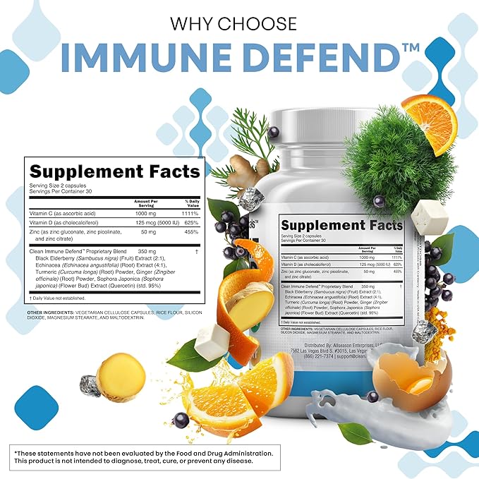 Immune Defense Support Supplement 8 in 1 w/ Zinc 50mg Quercetin Vit C 1000mg Vitamin D3 5000 IU Elderberry Turmeric Curcumin Ginger Echinacea - Immunity System Booster Adults Vegan - 60Ct (2)
