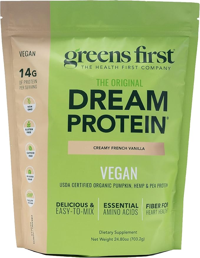 Greens First Dream Protein Plant-Based Vegan Powder - USDA Organic Pumpkin Hemp &amp Pea Protein - Gluten-Free Non-GMO No Added Sugar (Creamy French Vanilla 24.8 oz)