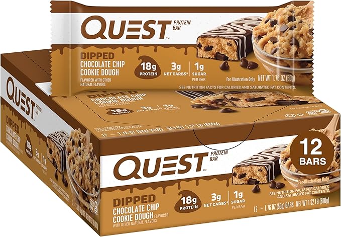 Quest Nutrition Dipped Chocolate Chip Cookie Dough Protein Bars 1.76 Oz 12 Ct &amp White Chocolate Raspberry Protein Bars High Protein Low Carb Gluten Free Keto Friendly 12 Count