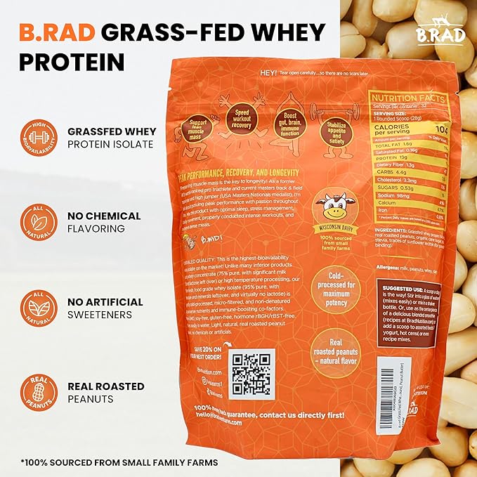 B.rad Grass Fed Whey Protein Isolate | Ultra-Pure All-Natural Clean Ingredients | 2 Pounds | 100% USA Sourced | Peanut Butter