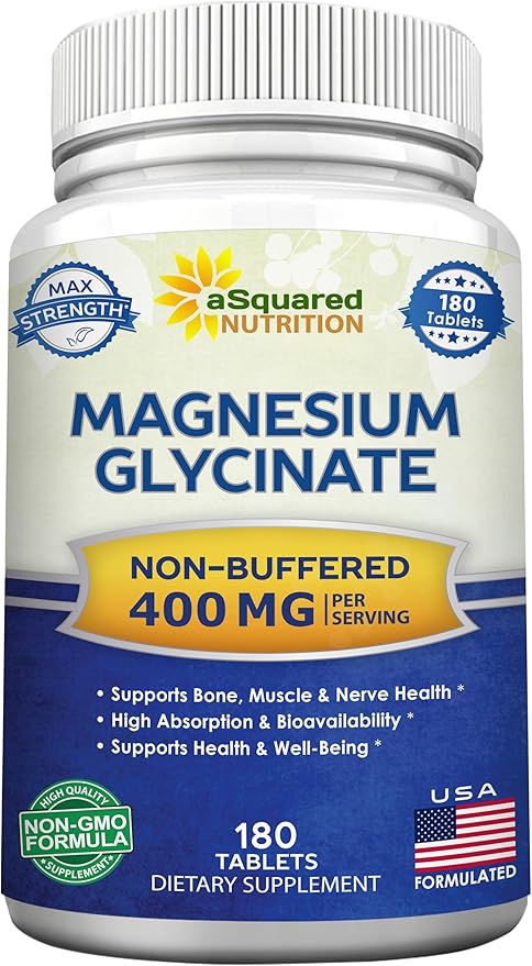 aSquared Nutrition Magnesium Glycinate 400mg - 180 Tablets - Max Strength Magnesium Bisglycinate Supplement -Maximum Bioavailability &amp Absorption-Non-GMO -Not Buffered-Supports Muscles Bones &amp