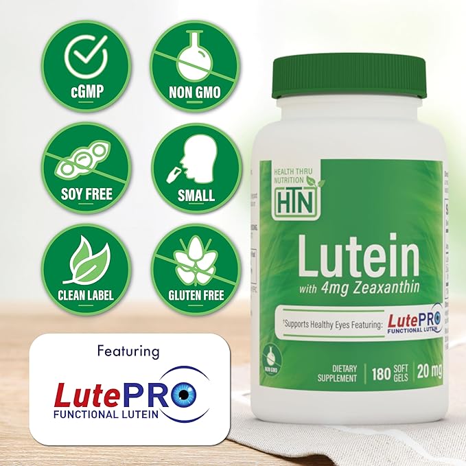 Lutein 20mg with Zeaxanthin 4mg 180 Softgels | Trans-Isomer Marigold Extract in Nature Identical 5:1 Ratio | Supports Healthy Eye Skin and Brain | Non-GMO Soy &amp Gluten Free | by Health Thru Nutri