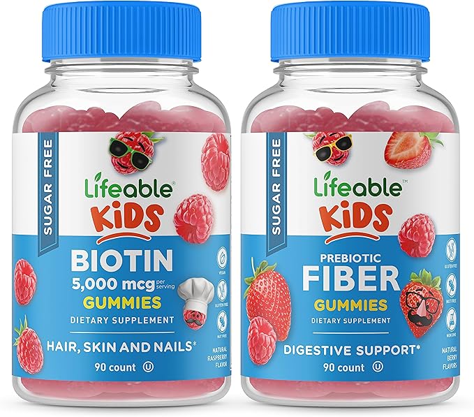 Lifeable Sugar Free Biotin Kids + Preciotic Fiber Kids Gummies Bundle - Great Tasting Vitamin Supplement Gluten Free GMO Free Chewable Gummy