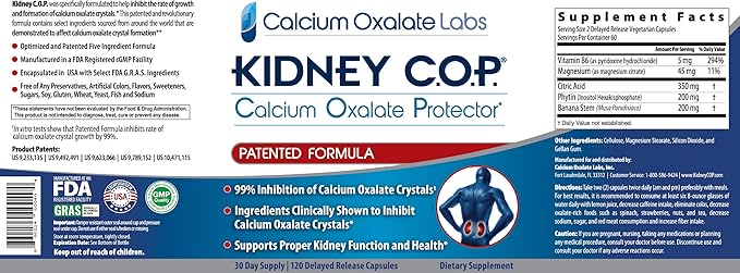 KIDNEY C.O.P. Calcium Oxalate Protector 120 Capsules Patented Kidney Support for Calcium Oxalate Crystals Stop Recurrence