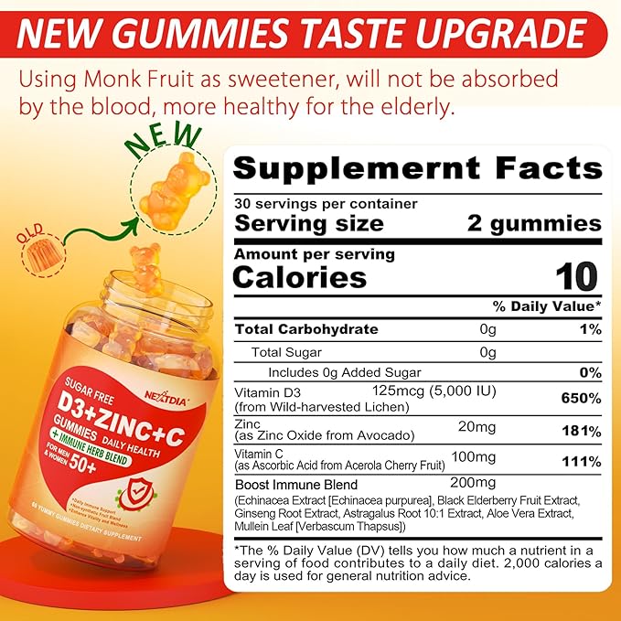 Sugar Free Vitamin C + D3 + Zinc Gummies for Adults 50+ &amp Calcium + D3 &amp Magnesium Filled Gummies for Kids 4+