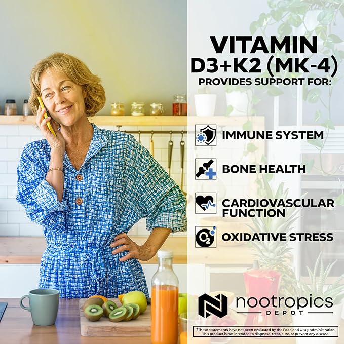 Nootropics Depot Vitamin D3 + K2 with Vitamin C Tablets | 60 Count | Cholecalciferol + Menaquinone-4 (MK-4) | Mood &amp Bone Health | Healthy Calcium Absorption