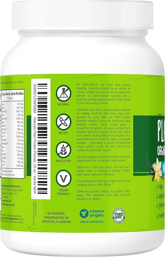 NATURELO Plant Protein Powder Vanilla 22g Protein - Non-GMO Vegan No Gluten Dairy or Soy - No Artificial Flavors Synthetic Coloring Preservatives or Additives - 20 Servings