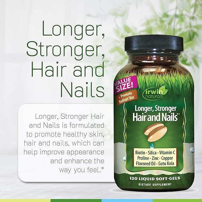 Irwin Naturals Longer Stronger Hair and Nails - 120 Liquid Softgels - Promotes Vibrant Shine Texture &amp Strength - 60 Total Servings