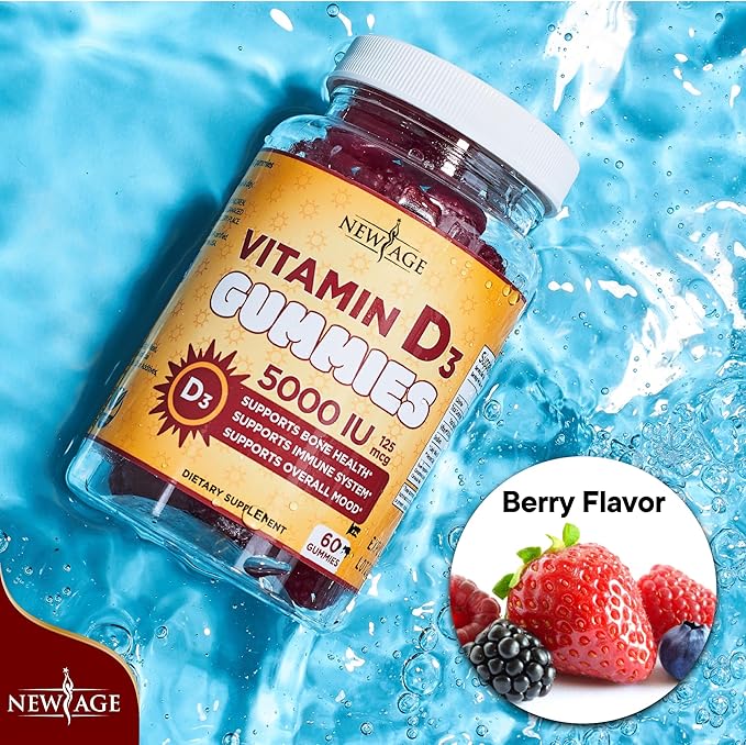 NEW AGE Vitamin D3 5000 IU 125mcg Gummies - Immune Supplement - Non-GMO Gluten-Free Dairy-Free No Gelatin (60 Gummies (Pack of 1))