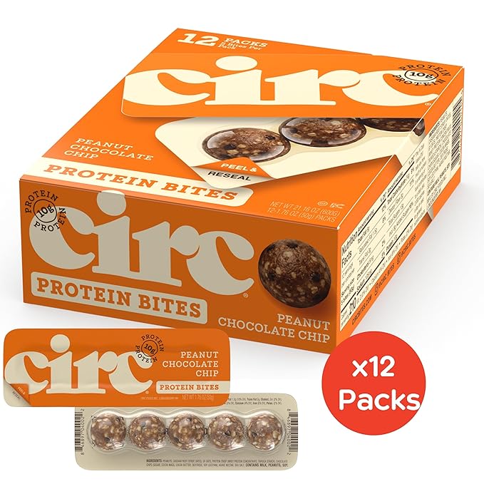 CirC Energy Bites - 12 Pack Peanut Chocolate Chip Gluten Free Protein Balls - 10g Protein Whole Grains Nuts &amp Fruit - Portable Healthy Snacks for Adults &amp Kids 5 Piece Resealable Packs