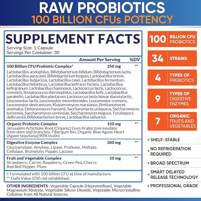 Wholesome Wellness Organic Raw Probiotics 100 Billion CFU Dr Formulated for Women and Men Complete Adult Supplement with Prebiotics and Digestive Enzymes 30 Capsules Shelf Stable