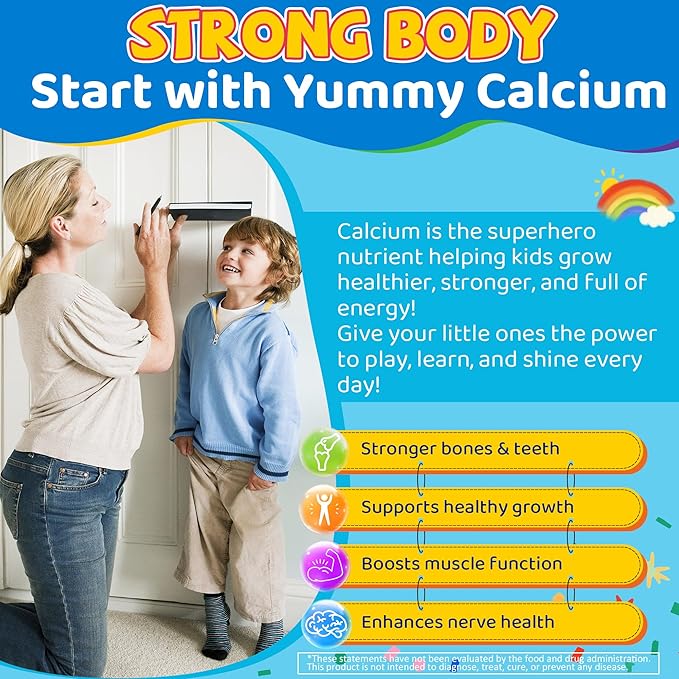 Kids Calcium Gummies + Vitamin D3 K2 Magnesium Zinc Extra Absorption Algae Calcium Supplement For Kids Gentle to Stomach Bone Teeth Muscle Brain Sugar Free Chewable Kids Vitamins 4+ 60 Counts