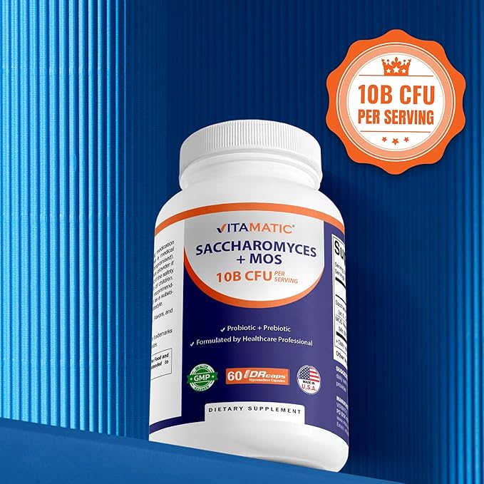 Vitamatic Saccharomyces Boulardii Probiotic 10B per Serving + Yeast Extract (MOS Yeast Fraction) 300 mg - 60 DR Capsules - Made in The USA-2 Pack