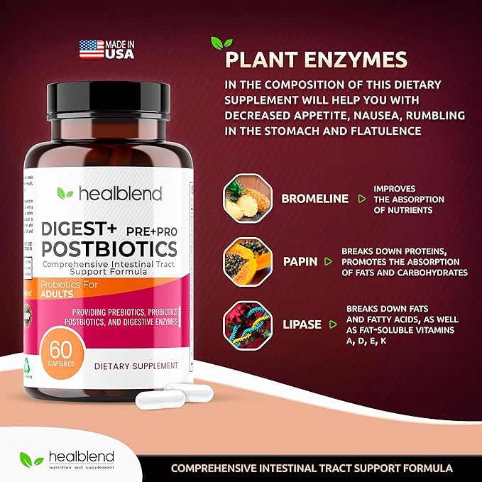 Digest + Postbiotics Supplement for Women and Men Multi Enzymes Organic Prebiotic &amp Probiotic for Digestive Health with Bromeline Papin and Lipase Non-GMO Gluten-Free 60 Vegetarian Caps