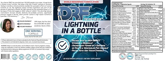 Lightning in a Bottle by Dr. Farrah World Renown Medical Doctor | 23 High Impact Vitamins &amp Minerals | Antioxidant Power of 7 Servings of Fruit &amp Vegetables | Paleo Keto &amp Vegan Friendly