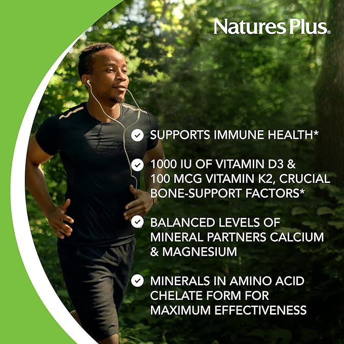 NaturesPlus Calcium/Magnesium/Vitamin D3 with Vitamin K2 - Supports Bone &amp Immune Health - Vegetarian Gluten Free - 90 Tablets - 22.5 Servings