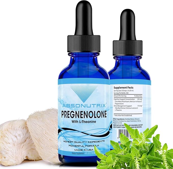 Absonutrix Pregnenolone with L-Theanine Advanced Formula 390 mg 4 Oz Liquid 302 Servings Made in USA Quick Absorption Quality Potent Ingredients Non-GMO GMP Certified Facility