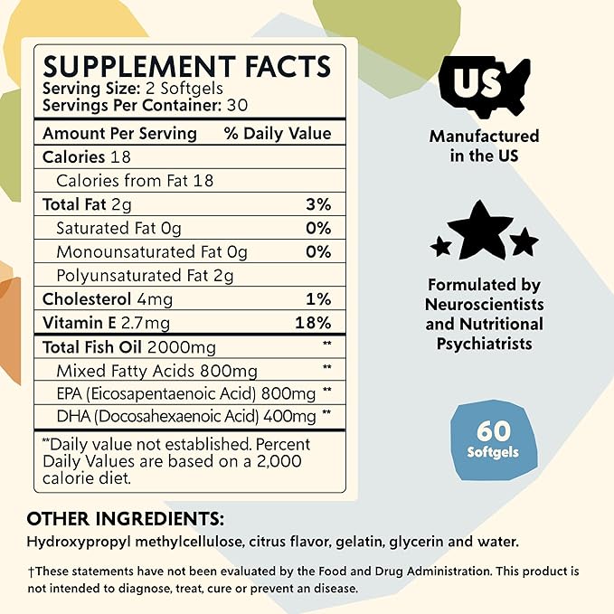 Omega-3 Supplement by PYM for Mood and Emotional Support (60 Count) | Omega-3 Fatty Acids DHA EPA &amp Vitamin E | Non-GMO Gluten-Free No Added Sugar