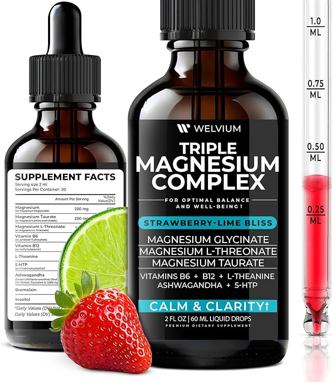 Triple Magnesium Complex Liquid Drops - High Absorption Magnesium Glycinate Supplement L-Threonate Taurate 500mg - Ashwagandha L-Theanine 5-HTP Vitamins B6 B12-2 Pack