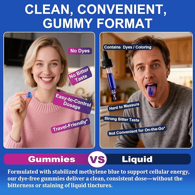 Men's Methylene Blue Gummies 7mg Methylene Blue for Humans Supplement w/NAC VIT B3 &amp L-Theanine Brain &amp Mitochondrial Support Enhances Energy Focus and Cognitive Sugar Free 60 Ct