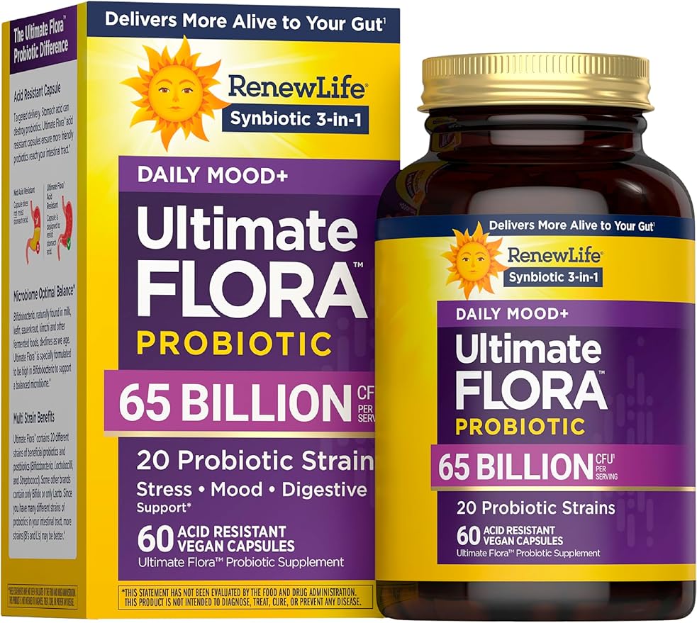 Renew Life Ultimate Flora Probiotics Daily Mood Support 65 Billion CFU Delayed Release Vegan Capsules with Ashwagandha | Digestive Health | Immune Health | Dairy Free | 60 Count