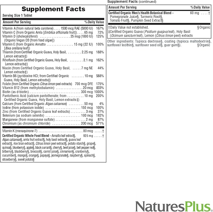 NaturesPlus Source of Life Garden Men’s Once Daily Multivitamin - 30 Tablets - Supports Energy &amp Stamina - USDA Certified Organic Non-GMO Vegan Gluten Free Iron Free - 30 Servings