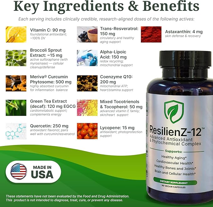 ResilienZ-12 Healthy Aging &amp Cellular Health – 12-in-1 Longevity Antioxidant Complex w/Meriva Curcumin Phytosome Sulforaphane CoQ10 EGCG Resveratrol Quercetin Tocotrienols &amp Astaxanthin