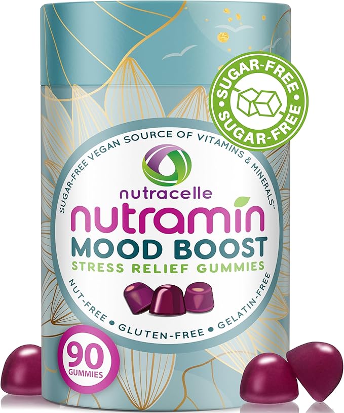 NUTRAMIN Mood Boost Multivitamin Gummy - Delicious &amp Yummy Anti-Stress Magnesium Ashwagandha Gummies + B Complex Vitamins for Focus and Calm - Sugar-Free Vegan Gluten-Free Allergy-Safe (90 Coun