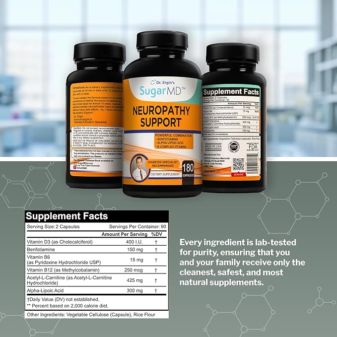 SugarMD Neuropathy Support Supplement – 180 Nerve Supplement Capsules with Alpha Lipoic Acid Benfotiamine &amp Vitamin D3 B6 B12 - Nerve Support for Feet Hands Fingers &amp Legs - 90 Day Supply