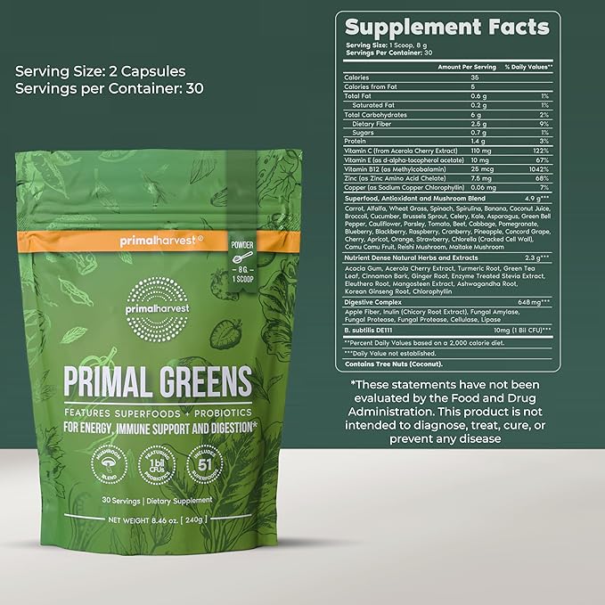 Primal Harvest Greens Powder &amp Vision Supplements for Women and Men Vision and Eye Support Complex with Lutein Zeaxanthin Bundle