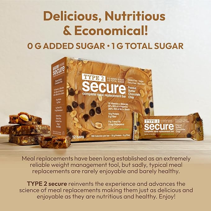ANDREW LESSMAN Type 2 Secure Complete Meal Replacement Bars (Stevia) – Peanut Butter Chocolate Chip – 24 ct box – 10g Protein 0g Added Sugar 16 Essential Vitamins &amp Minerals Gluten-Free Vegan