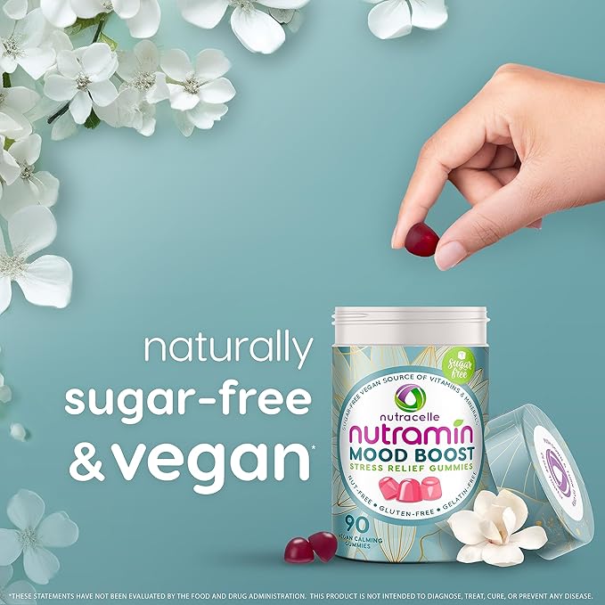NUTRAMIN Mood Boost Multivitamin Gummy - Delicious &amp Yummy Anti-Stress Magnesium Ashwagandha Gummies + B Complex Vitamins for Focus and Calm - Sugar-Free Vegan Gluten-Free Allergy-Safe (90 Coun