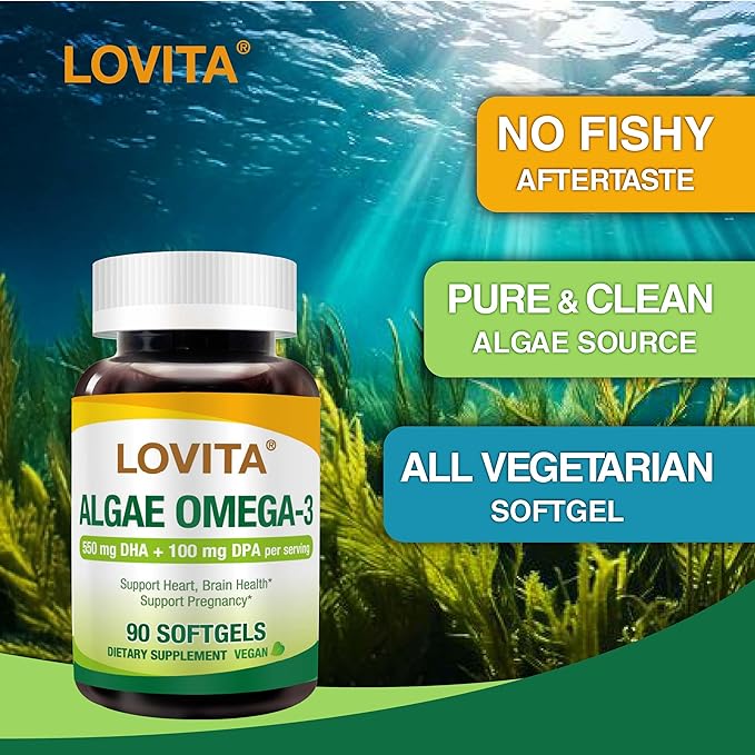 Lovita Algae Omega-3 Vegan and Plant-Based DHA &amp DPA Fish Oil Alternative 1000mg Algae Oil Support Heart and Brain Health Carrageen-Free 90 Softgels (Pack of 3)