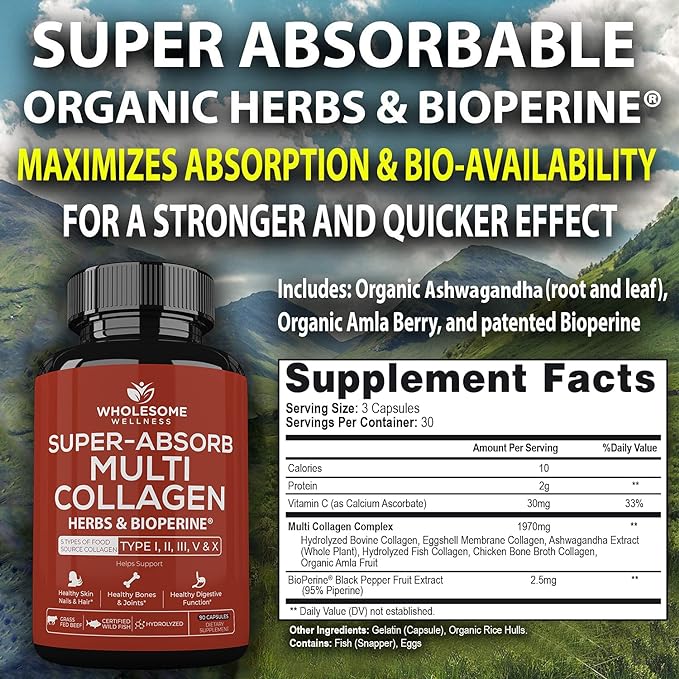 Wholesome Wellness Super-Absorb Multi Collagen Pills (Type I II III V X) Organic Herbs and Bioperine + Whole Food Multivitamin for Men - Natural Multi Vitamins Minerals Organic Extracts Bundle