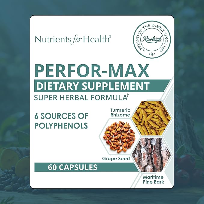 Rawleigh Perfor-Max 60 Capsules for 1 month: Supplement with 6 Polyphenol Sources Like Grape Seed Pine Bark Turmeric Green Tea Hawthorn &amp Rosemary Extracts for Heart Health &amp Immunity Glu