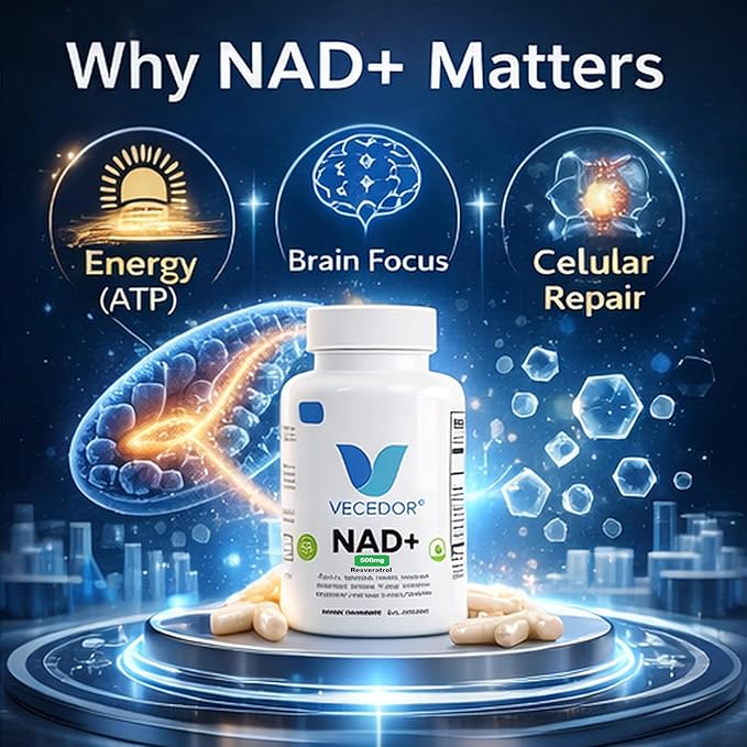 NAD+ Supplement – Cellular Energy Booster &amp Anti Aging Support Brain Focus &amp Metabolism Support Mitochondrial Health Non-GMO Vegan Capsules Resveratrol 60 Count