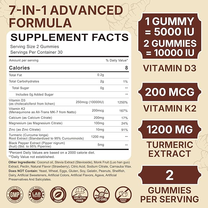 Vitamin D3 K2 Gummies &amp Turmeric for Women &amp Men Vitamin D3 5000IU / 10000IU K2 (MK-7) 200mcg Supplements with Turmeric 1200mg Calcium Magnesium Zinc Supports Bone Teeth Energy &amp I