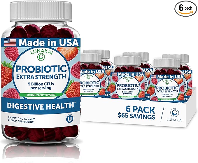 Lunakai USA Made Probiotic Gummies - 5 Billion CFUs Vegan Non-GMO Gluten-Free - Digestive &amp Immune Support for Women &amp Men - 6 Pack