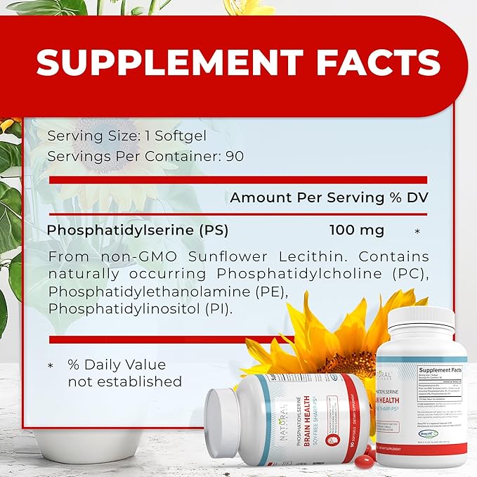 Soy Free Phosphatidylserine 100mg - Phosphatidylserine Supplement from Sunflower Lecithin Patented Sharp PS100 Brain Health Memory Aid Cortisol Control Mental Sharpness Non GMO 90 Softgels