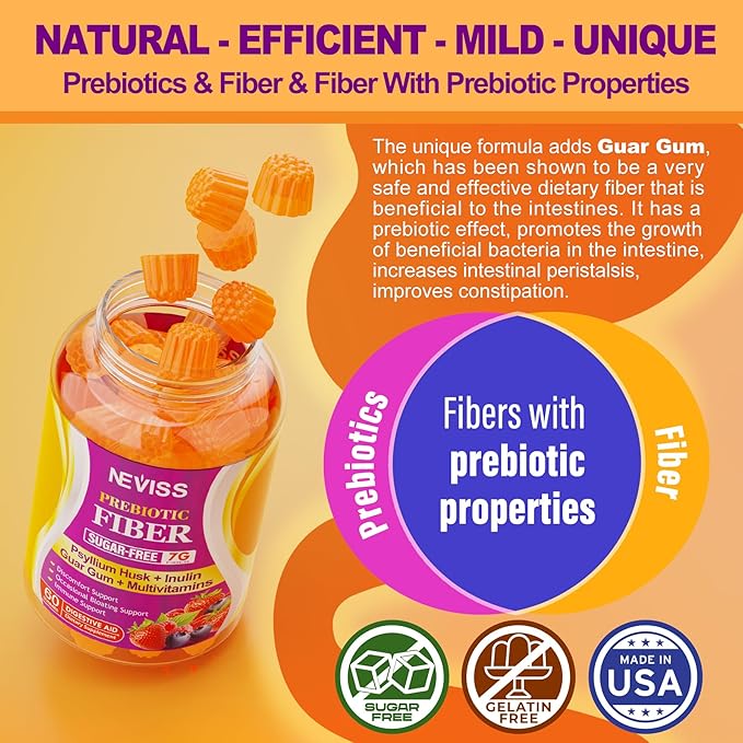 NEVISS Psyllium Husk Prebiotic Fiber Gummies - 7G Fiber with 2000mg Prebiotic Fiber Blend &amp Multivitamins - Inulin Fos Guar Gum &amp Multi Digestive Enzymes Vitamin Gummies Chewable