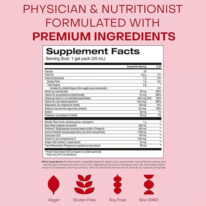 Healthycell Heart &amp Vascular Health Daily Liquid Supplement - Cardiovascular Support with Beet Root Powder Resveratrol CoQ10 Omega-3 &amp Vitamin K - 30 Gel Packs